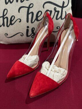 Gianvito Rossi Heels Red Suede Transparent PVC Pointed Toe Stiletto Pumps